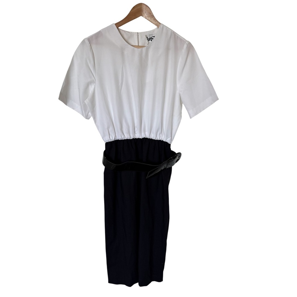 Kathy J Dress Womens‎ 8 White Black Vintage 80s Colorblock Belted Midi Sheath